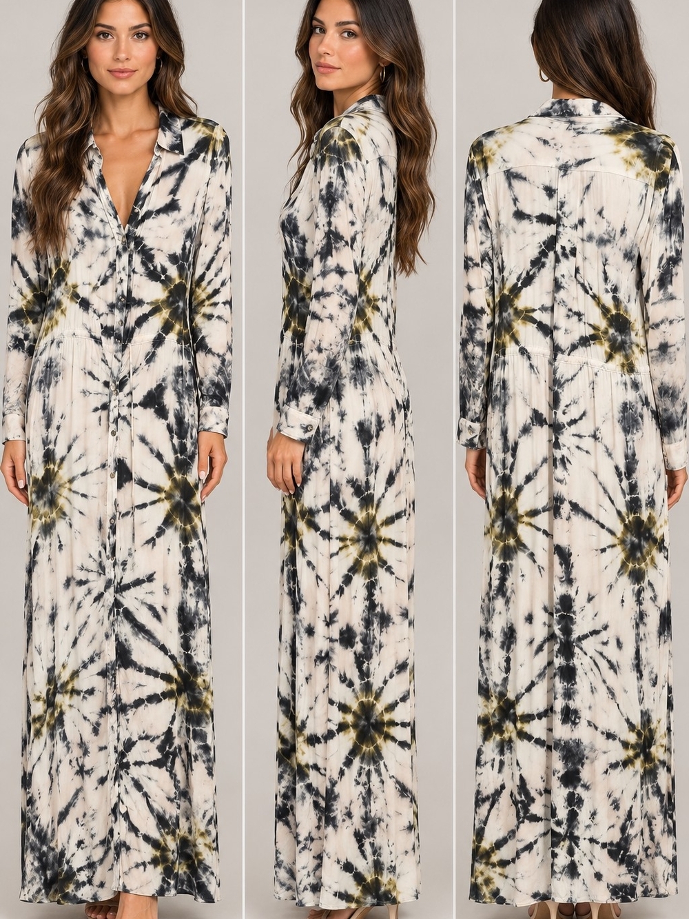 Tie-Dye Maxi Shirt Dress in Black and Olive
